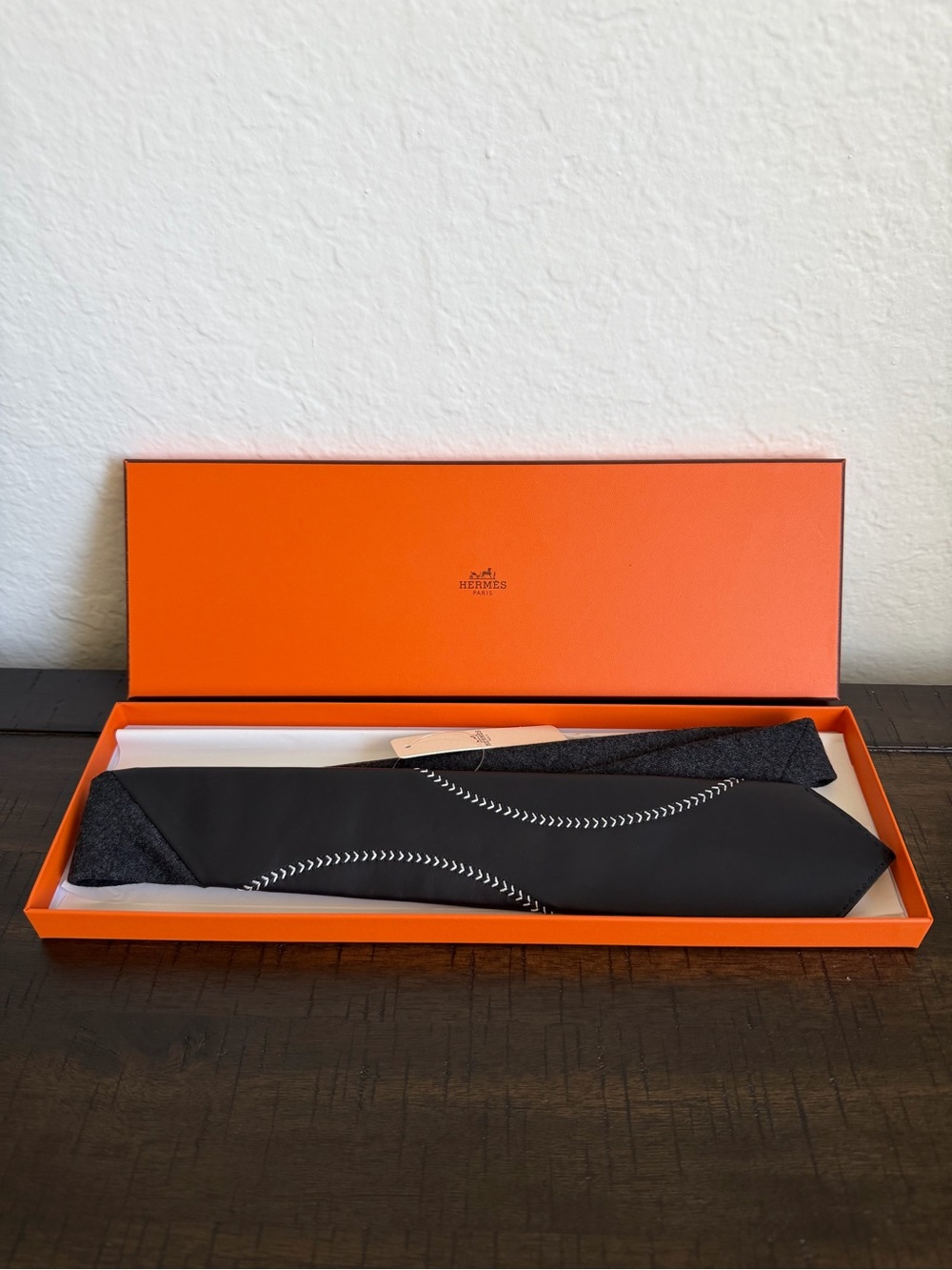 HERMÈS Black Leather and Wool Tie with Contrast Stitching